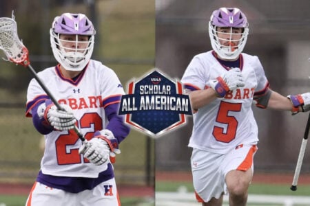 Two Hobart lacrosse players in white and purple uniforms hold sticks with balls on a field, framed by a USILA Scholar All-American logo.