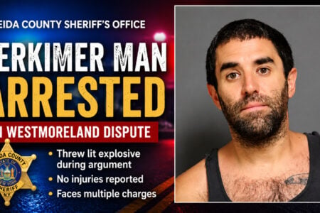 Mugshot of a dark-haired, bearded man in a black tank top, a Herkimer man arrested for a Westmoreland dispute.