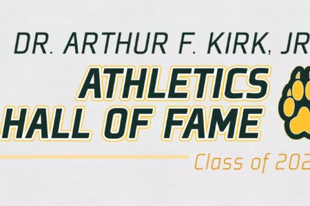 Athletics Hall of Fame graphic for Dr. Arthur F. Kirk, Jr., Class of 2026, featuring a wolf mascot and paw print.