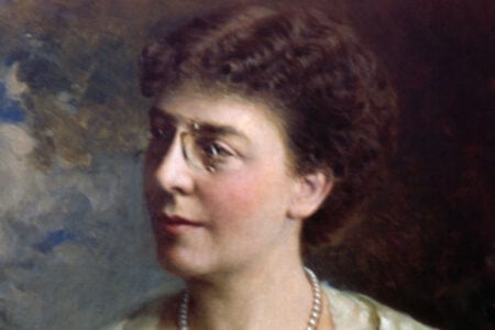 Painted portrait of a woman with curly brown hair, pince-nez glasses, and a pearl necklace, looking right.
