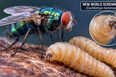 Metallic green New World screwworm fly with red eyes near pale larvae on wood, inset shows a larva's head.