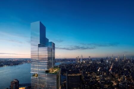 Modern, stepped glass skyscraper with a rooftop garden overlooking the illuminated Manhattan cityscape and Hudson River at dusk.