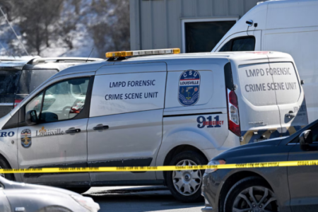 Louisville Metro Police Department Forensic Crime Scene Unit van at a crime scene with yellow tape.