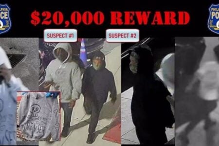 Philadelphia Police wanted poster showing two suspects from surveillance footage, one in a gray skull hoodie, with a $20,000 reward.
