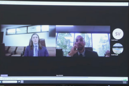 Virtual meeting on screen with Cameron Chase speaking and Ryan McBride listening.