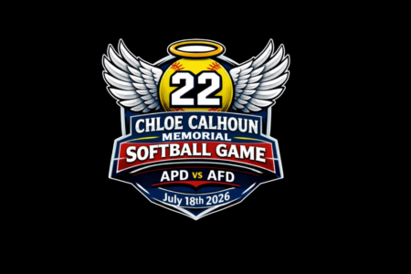 Chloe Calhoun Memorial Softball Game logo: winged softball with '22' and halo, APD vs AFD, July 18th 2026.