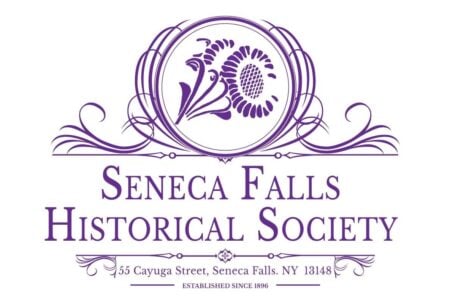 Seneca Falls Historical Society's purple logo shows a circular floral emblem, address, and establishment date on white.