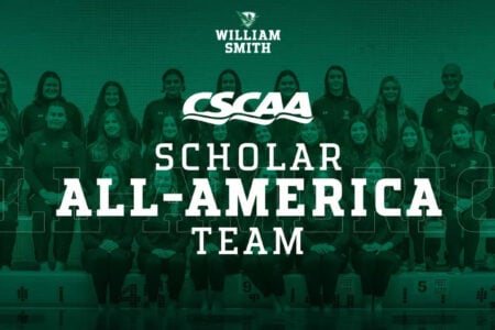 William Smith CSCAA Scholar All-America Swim & Dive team and coaches pose at an indoor pool.