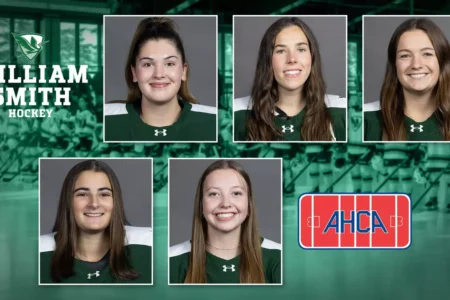 Five smiling William Smith Hockey players in individual portraits against a blurred hockey rink background, with AHCA logo.