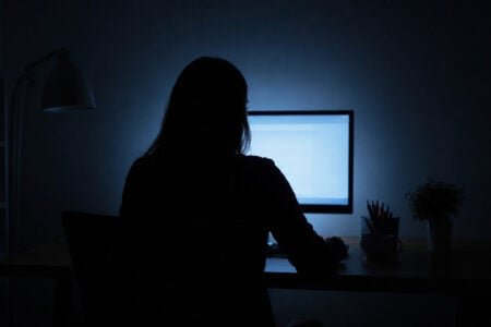 Dark silhouette of a woman working on a bright computer screen at a desk in a dimly lit room.