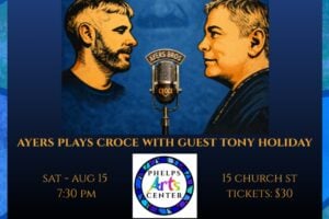 Event poster: Stylized depiction of two men facing a vintage microphone for Ayers Plays Croce at Phelps Arts Center.
