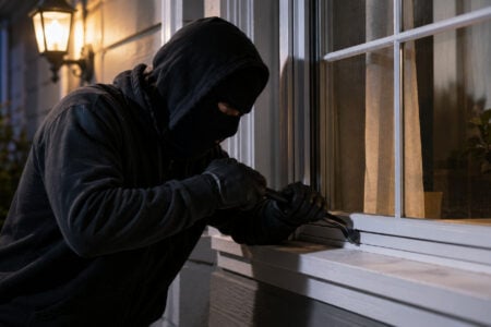 Masked burglar uses a crowbar to force open a house window at night under an exterior light.