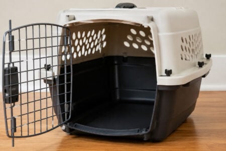 Empty beige and black pet carrier with its metal door open on a hardwood floor.