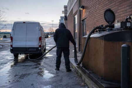 Person pumping from a white van into an outdoor commercial grease trap next to a brick building.
