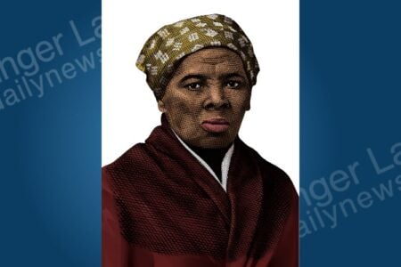 Illustration of Harriet Tubman, an African American woman, wearing a patterned head wrap and a dark red shawl.