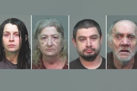 Four mugshots of two women and two men of varying ages against a grey background.