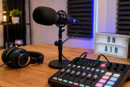 Podcast studio desk features a microphone, headphones, audio mixer, and an illuminated "ON AIR" sign.