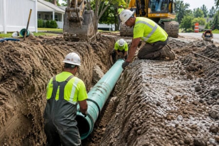 Three workers in hard hats lower a large blue pipe into a deep trench on a residential street.