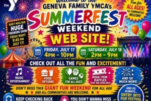 Vibrant poster for Geneva Family YMCA's Summerfest Weekend (July 17-18), announcing fireworks, music, games, and more.