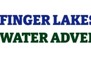 Logo for Finger Lakes Water Adventures, featuring a ship's wheel with a rope "S" design.